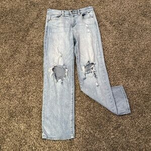 Altered State light blue straight leg mom jeans with holes
